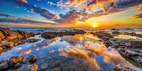 Sunset over a rocky shoreline with reflections in tidal pools