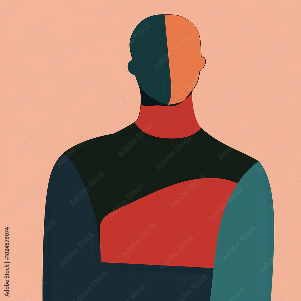 Poster a minimalist abstract representation of a figure with bold color contrasts and geometric shapes agai