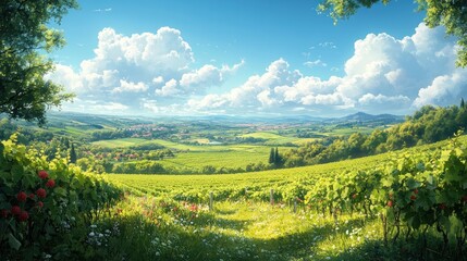 Fototapeta premium A scenic view of a rolling green vineyard with a small town in the distance.