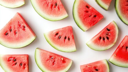 Slices of watermelon on white background. Perfect for summer, food, and refreshment themes.