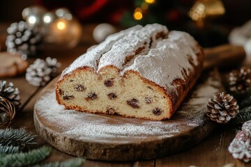 holiday baking tradition, traditional german stollen on a wooden table with festive decorations and powdered sugar