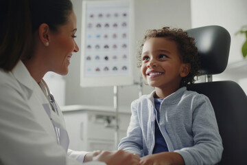 Fototapeta premium A cheerful child sits in an examination chair, engaging with an eye care professional during a routine eye exam at a bright clinic.