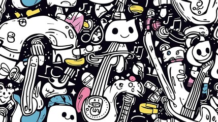 Obraz premium A seamless music festival doodle pattern, showing a mix of instruments like trumpets, bass guitars, and tambourines, with abstract shapes and lighting effects. Light,