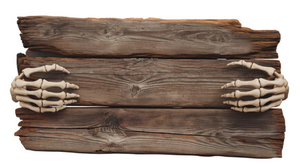A wooden sign with two hands holding it. The sign is old and has a creepy, eerie feel to it. The hands are made of bones, which adds to the spooky atmosphere