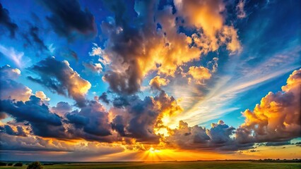 Fototapeta premium sunset panorama with large clouds and blue sky in depth of field