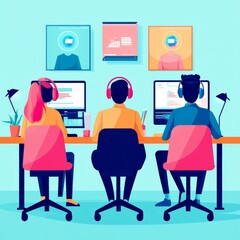 Virtual coworking space, digital avatars, hologram screens, futuristic collaboration