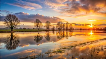 Obraz premium Sunset reflections in winter over flooded fields near Caen Normandy Eye Level