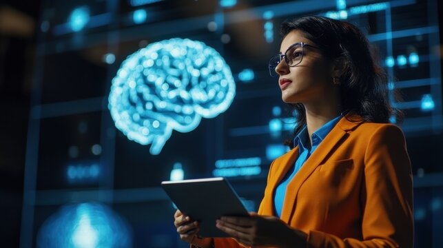 A woman in an orange blazer holds a tablet, analyzing neural data on a large futuristic screen displaying a glowing brain model.