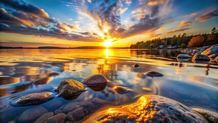Sunset sun reflection on lake water with rocks and foam in foreground