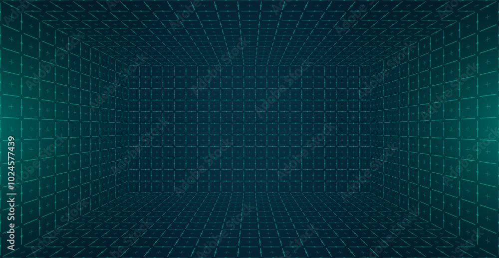 Poster futuristic perspective hud grid box. abstract wireframe with green grid lines on dark background. in