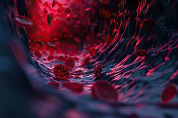 Close-up of red blood cells flowing through a narrow vessel, illuminated by soft light