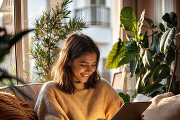 young woman on sofa, smiling with tablet