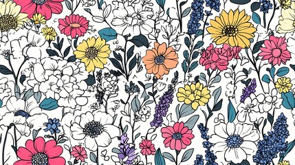 A seamless pattern of a lively botanical garden, including hydrangeas, lavender, sunflowers, and clusters of leaves. Gentle curves and vibrant colors evoke the freshness of a blooming garden,