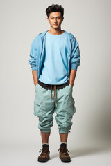 Naklejka premium Smiling man in a light blue color casual outfit standing in a studio