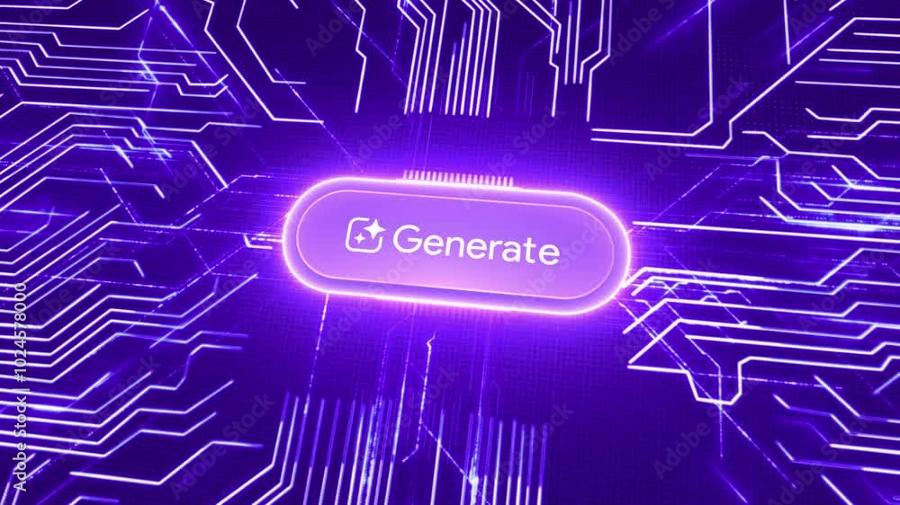Fototapete Generate AI microchip animation: Digital button with circuit board. Purple neon effects signal electricity flow in the microchip. Artificial intelligence interface with processing unit in motion.