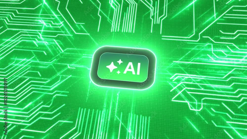 Fototapete Generate AI microchip animation: 3D digital button with circuit board. Green neon effects signal electricity flow in the microchip. Artificial intelligence interface with processing unit in motion.