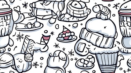 A seamless pattern of a lively cozy winter, including knitted mittens, fluffy woolen hats, hot chocolate mugs, marshmallows, and woolen sweaters arranged in a playful and orderly manner.