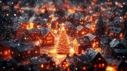 Fototapeta premium Quiet snowy village with a large illuminated Christmas tree in the center, houses in the background decorated with holiday lights, under a calm night sky