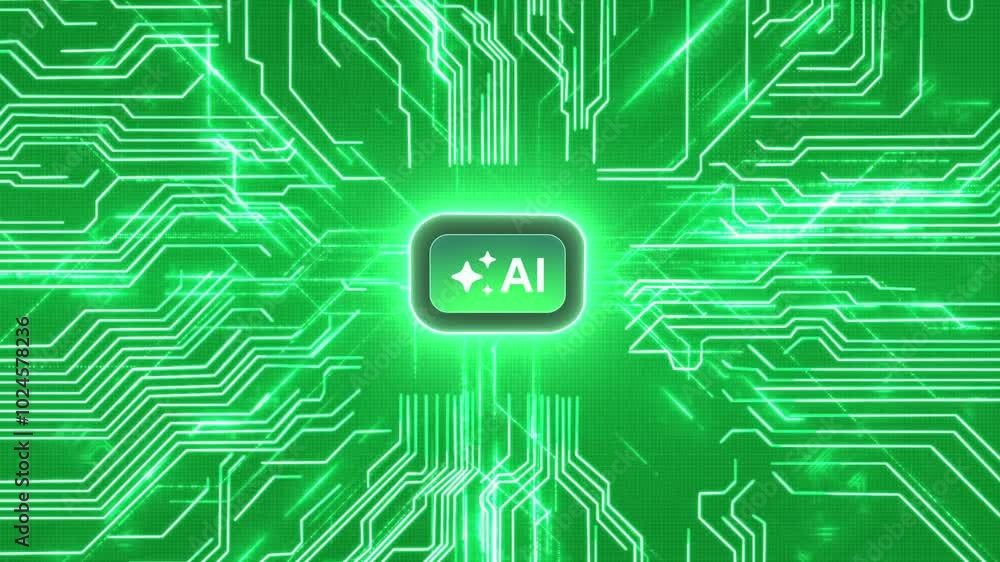 Fototapete AI button click animation. Generate button, showing circuit pathways lighting up, neural network, data processing. Artificial Intelligence generation process. Electric Energy flow. Digital microchip.