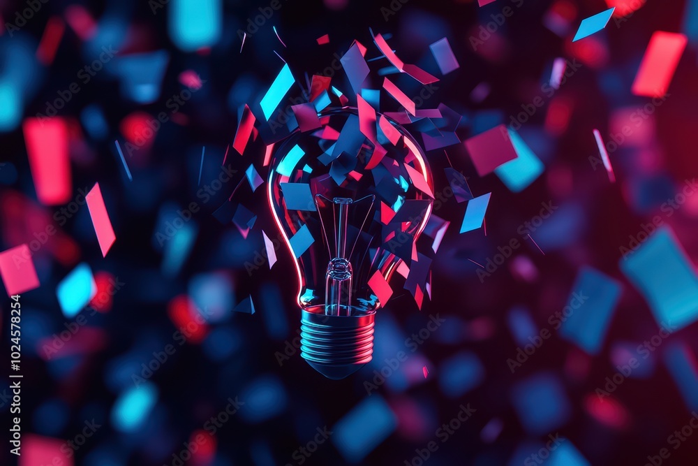 Poster colorful explosion from a light bulb, with dynamic particles floating in vibrant hues of blue and pi