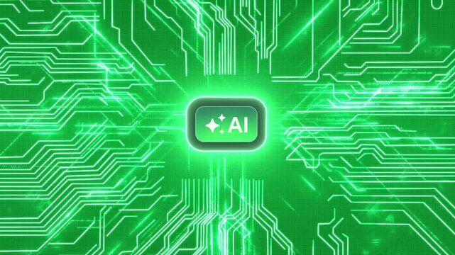 AI button click animation. Generate button, showing circuit pathways lighting up, neural network, data processing. Artificial Intelligence generation process. Electric Energy flow. Digital microchip.