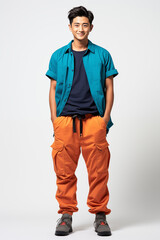 Naklejka premium Smiling man in a blue color and complementary casual outfit standing in a studio