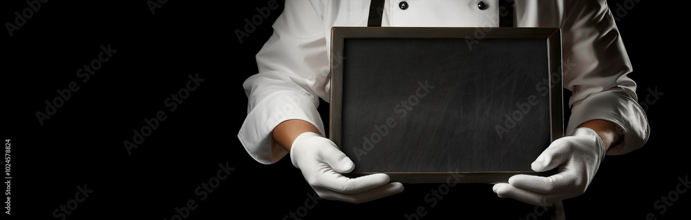 Poster close-up of the white gloved hands of a chef or a waiter, holding an empty blackboard with wooden fr