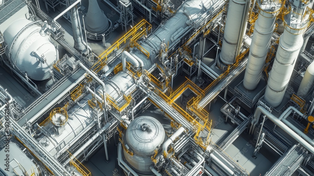 Poster network of pipelines and mechanical systems at an oil refinery, showcasing the scale and precision o