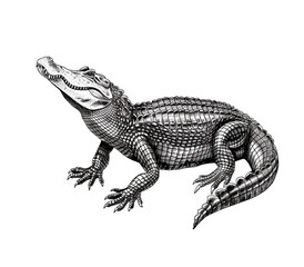 Fototapeta premium Crocodile sketch, alligator etching isolated illustration. Black and white animal drawing