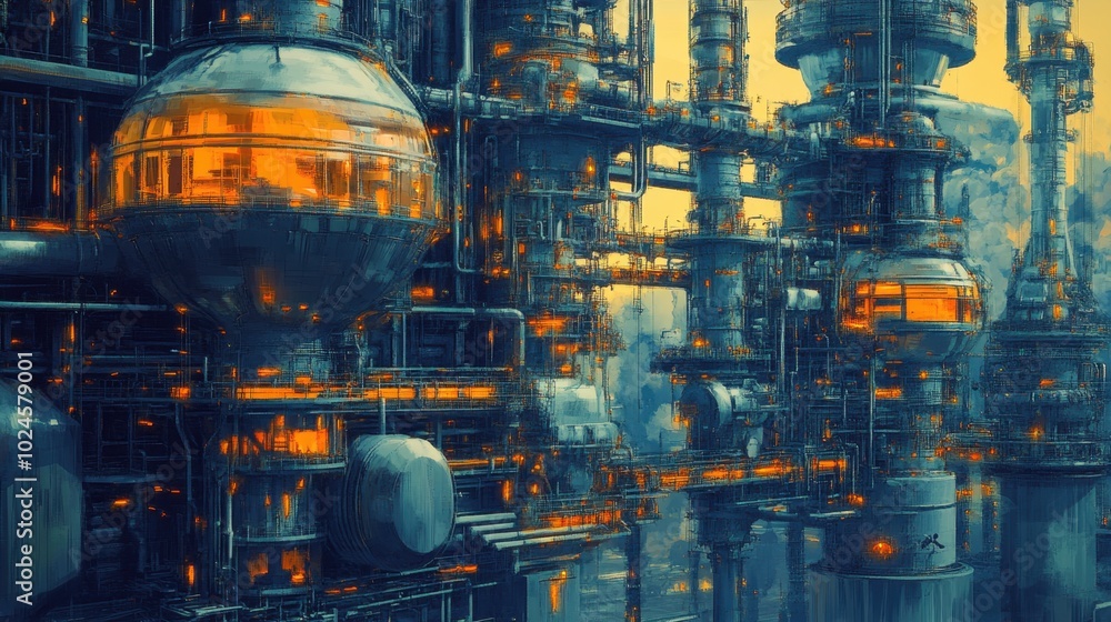 Poster network of pipelines and mechanical systems at an oil refinery, showcasing the scale and precision o