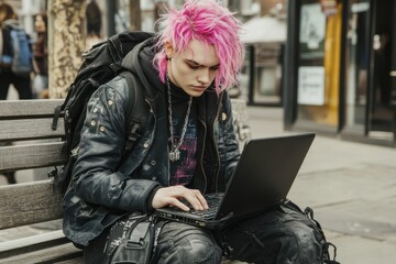 A man with bright pink hair and alternative fashion types on his laptop while sitting on a bench in an urban environment.