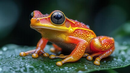 Naklejka premium vibrant fire frog perched on a leaf within a lush polygonal rainforest showcasing its bright colors amidst the greenery bringing to life the beauty of biodiversity and nature