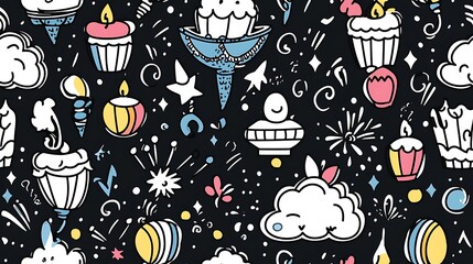 Naklejka premium A seamless pattern of a lively Festival of Lights, including hanging lanterns, candles, fireworks, strings of fairy lights, and paper decorations arranged in a playful and orderly manner.