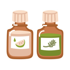 set of essential oils, aromatic oils of pine and citrus. Vials of dark amber glass with liquid and label of pine twig and lime, highlighted on a white background. Vector illustration in a flat style.