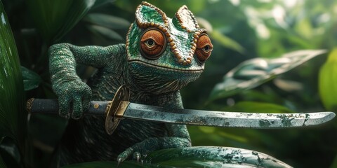 A chameleon wielding a katana in a jungle.