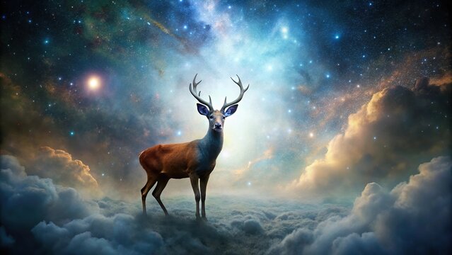 Surreal deer standing under a dramatic sky filled with dark energy