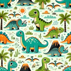 Seamless pattern of cute cartoon dinosaurs in a prehistoric setting