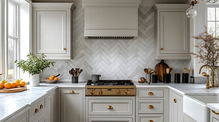 A beautifully designed kitchen featuring elegant white cabinets, a stunning marble countertop, and modern appliances, creating a bright and inviting space for culinary creativity. The seamless blend o