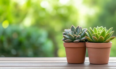 Succulent plants in pots displayed on a wooden garden table, Generative AI