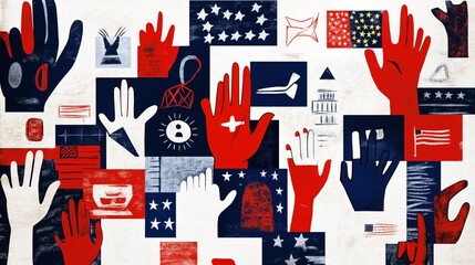 Abstract collage with red, white, and blue hands and star patterns, symbolizing unity and diversity in a mix of geometric shapes