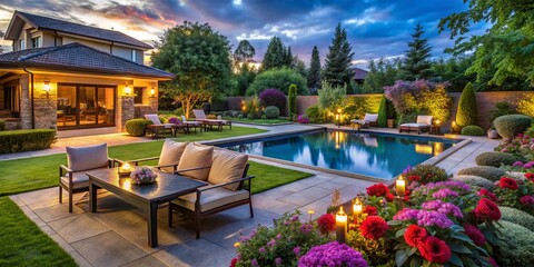 Sophisticated backyard sanctuary with vibrant greenery and chic modern amenities, offering a tranquil escape ideal for leisure and hosting gatherings in an elegant setting.