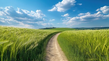Fototapeta premium A narrow path winds its way through tall, green wheat fields towards the horizon