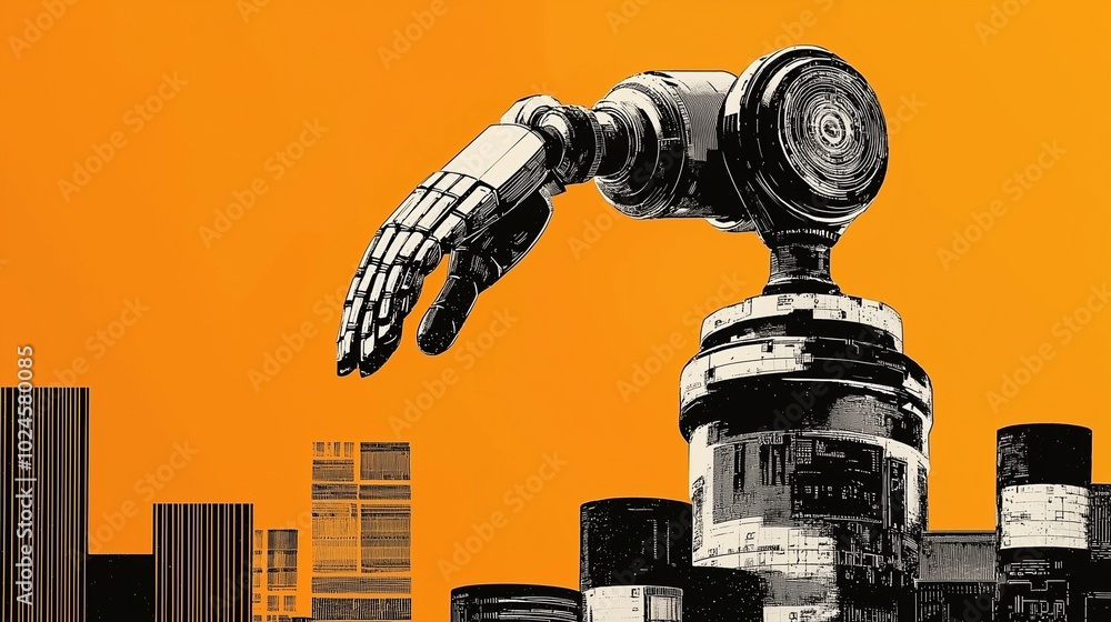Poster robotic arm symbolizes automation and ai in machine learning concept.