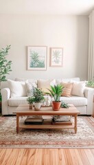 Bright and airy minimal living room interior with sofa, houseplants, and coffee table.