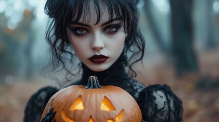 Goth inspired woman, holding a carved pumpkin, fashion and make-up