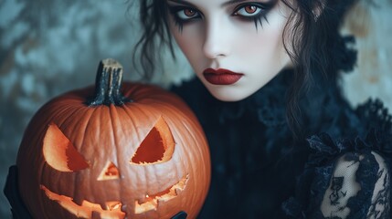 Goth inspired woman, holding a carved pumpkin, fashion and make-up