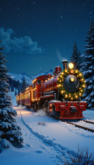 Santa Claus train, festive cheer, chugging through snowy landscape at night
