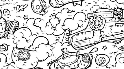 A seamless pattern of a lively steampunk adventure, including gears, brass pipes, mechanical airships, pocket watches, and vintage goggles arranged in a playful and orderly manner.