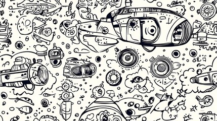 A seamless pattern of a lively steampunk adventure, including gears, brass pipes, mechanical airships, pocket watches, and vintage goggles arranged in a playful and orderly manner.