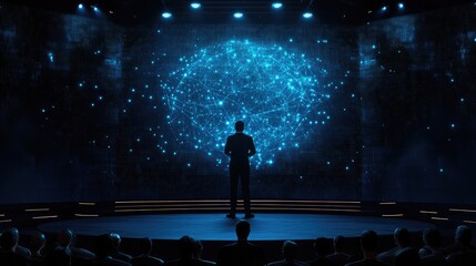 Silhouette of speaker on stage. A perfect photo for a presentation about technology and the future.